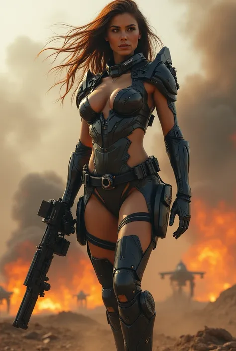 Create a striking fusion of a hot, sexy woman and a powerful war helicopter set in an intense battlefield. The woman should have a seductive yet strong presence, with sleek armor or futuristic elements from the helicopter seamlessly integrated into her fig...