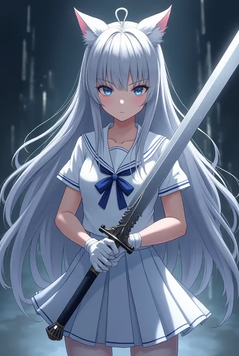 Night，Silver long hair anime girl，White short-sleeved school uniform，White pleated skirt，White gloves，white pantyhose，Huge sword in both hands，Cat ears