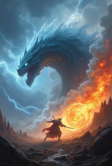 water monster releasing a giant wave facing a fire knight releasing a lava tornado, on a giant battlefield during a lightning storm