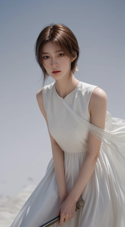 girl in white dress, Yellow eyes, With a sword, Indifferent Yuanshen style, brown haircut, Medium shot, Center image, Super detailed, The facial details are extremely rich, Extreme eye detail