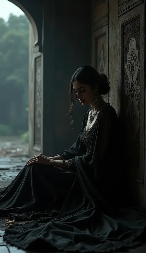 A very beautiful and gorgeous princess shine on the face, who is sad, is wearing a black lehenga and sitting in a corner inside a very large and frightening Indian black fort.