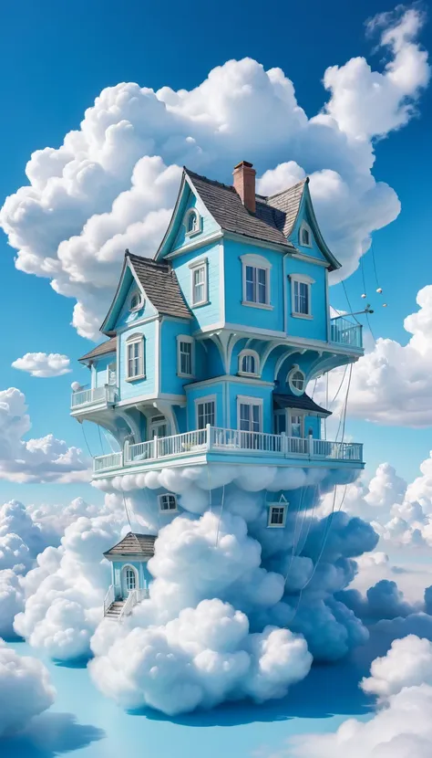 "a whimsical house made entirely of clouds, with soft, billowing walls and fluffy cloud furniture. the house is floating in a br...