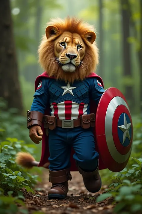 Lion with captain america costume in the green forest 