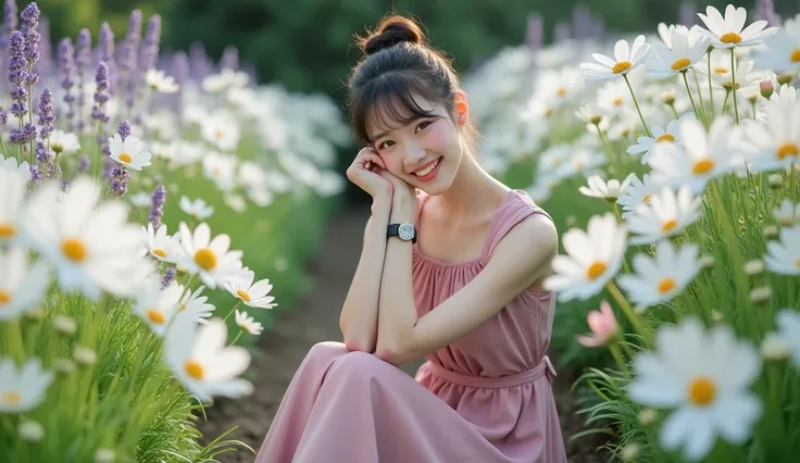 A beautiful Japanese girl, smooth white skin,  well-groomed face,top bun hair, Korean style with bangs, ,wearing a beautiful dress, eggplant light pink knee length, black watch, white shoes, sitting pose, in the grove of white cosmos flowers , purple color...