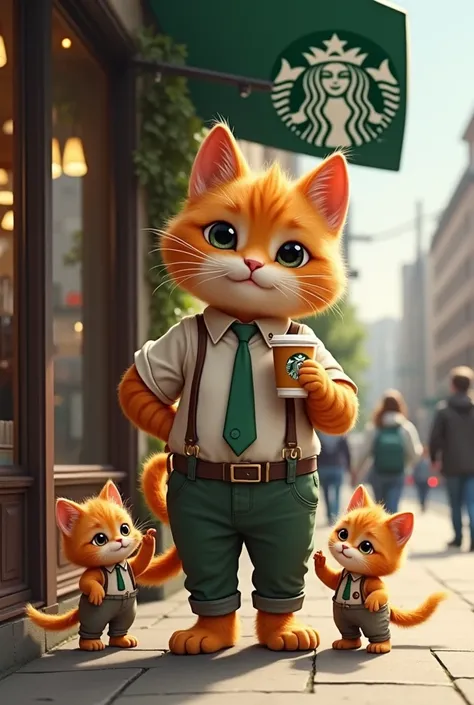 Create me an orange cat wearing clothes and standing in front of Starbucks coffee shop with two little kittens ordering coffe