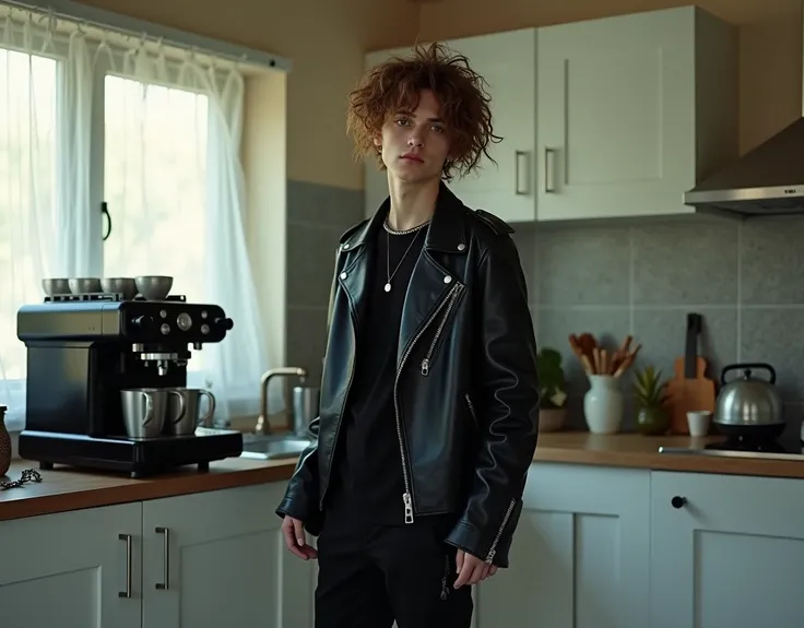 high fashion photography of a too skinny young man as a ((hologram hustler)) with ((pin curls hair)) with Heat deformation,  dressed in black gothic outfit,  leather jacket,  kitchen setting,  espresso machine,  white cabinets,  decorative items,  standing...