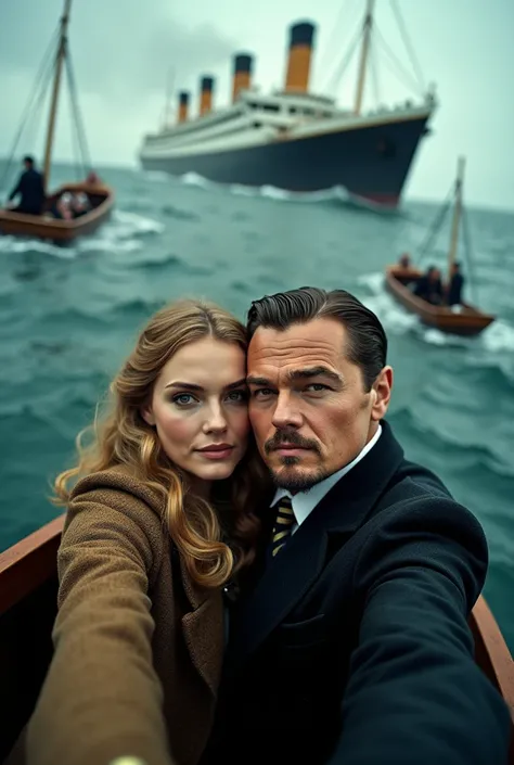 selfie picture of kate winslet and leonardo dicaprio in sea while Titanic sinking 
