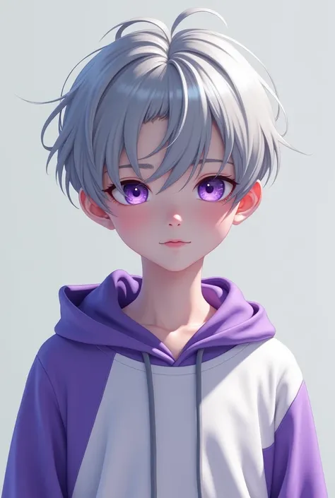 One boy, short Hair, Gray Hair, White skin, [White and purple hoodie, Bright purple Eyes, 