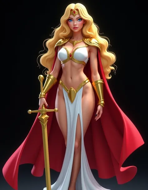 SHE-RA PRINCESS OF POWER (( MASTERS OF THE UNIVERSE)),  NORSE VEMALE BEAUTY, HUGE LONG BLONDE HAIR, HIGH CHEEKBONES, ROSY CHEEKS, MENTAL FORAMEN, BLUE EYES LOOKING AT CAMERA, BUILK THICK ATHLETIC BODY, MUSCLES, GORGEOUS THIGHS, RED CAPE, WHITE LATEX BODYSU...