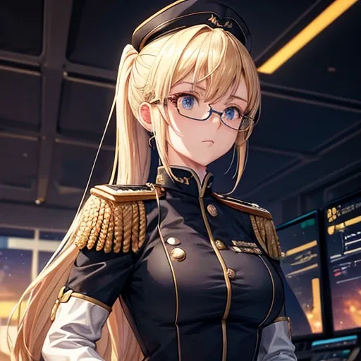 Prompt (with rectangular under-rim glasses, anime style):

"An anime-style blonde girl with a ponytail, wearing a sleek military uniform, standing confidently while giving strategic commands as a fleet commander in space. Her uniform features sharp lines, ...