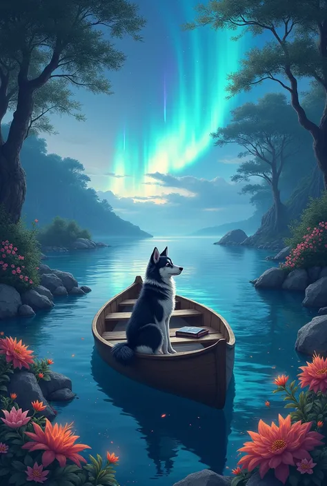 canoe in the middle of the ocean, flowerstas densas, benches to sit on, textbooks, fire flies, northern lights, plenty of shine, dreamlike, beautiful sky, Peace, hidden corners, flowers, magic and short black and white dog, wolf face, missing a branch in...