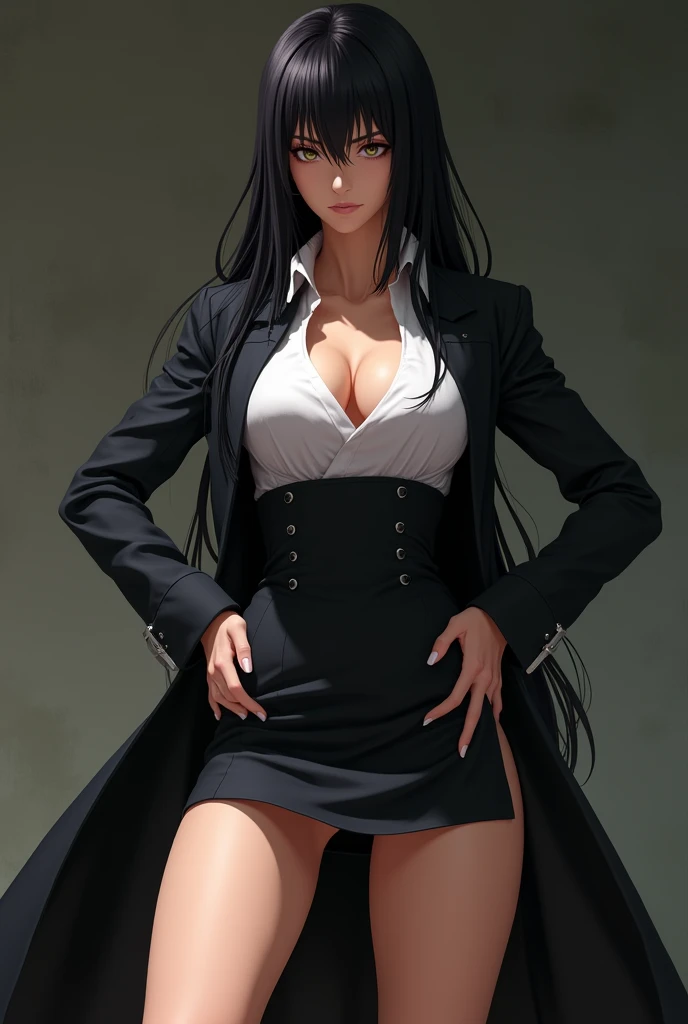 Unohana Retsu from Bleach is a girl with a big boob pushing up her skirt.