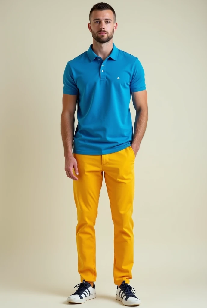 clean shave skinny man wearing yellow pants blue polo tshirt 