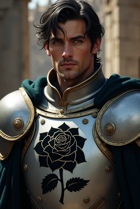 Tall, Dark hair, piercing blue eyes with a strong jawline and scar above his left eyebrow. He wears a suite of plate armor adorned with the symbol of House Black, a Black rose on a silver Background. This is Lord David Black Of House Black. Can we see if w...