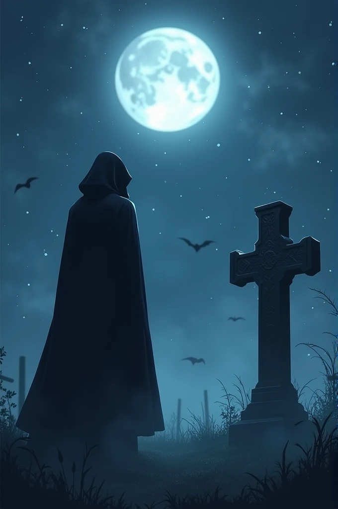 cross headstone with black cape on left side under moonlight
