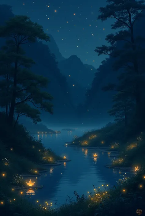 make a scene in japan, with a very dark night, with just a few lighting fireflies 