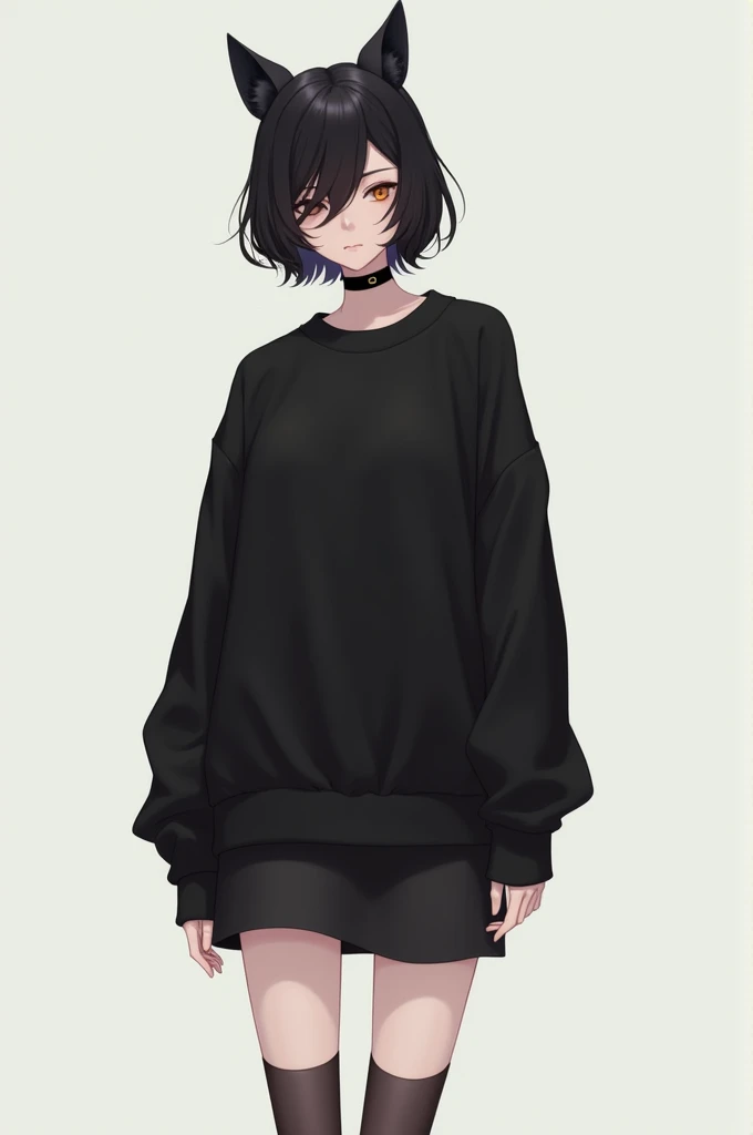 A femboy in a black skirt and a black sweatshirt with ears 