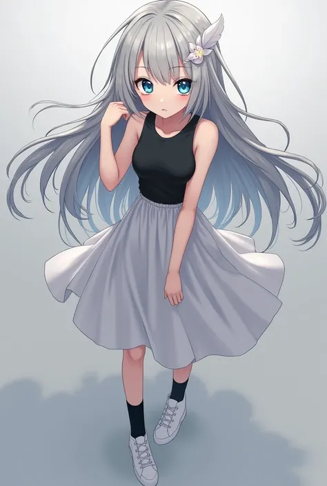 Girl, detailed, blue eyes, long hair, silver hair, left-sided bangs, black tank top, white skirt, black socks, white shoes, lily hairpin. Raise hand