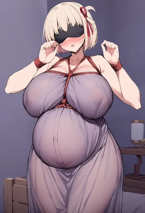 masterpiece,Highest quality,anime,One girl,blush, Nishikigi chisato, bob cut, hair ribbon、Bedroom、, blush、Big Breasts、Huge breasts 、During pregnancy、Pregnant women:1.5、Huge pregnant belly:2.5、Half-closed eyes、Are standing、see through Maxi dress,shibari, bl...