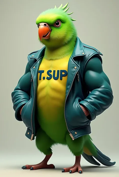 a muscular parakeet with a jacket that says T.sup.p 