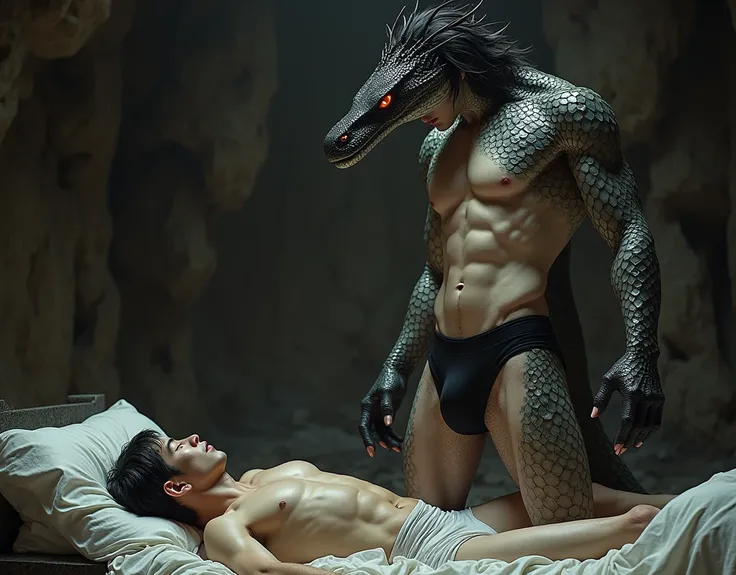  I am  handsome Naga stands in luxury naga cave with stone bed in corner, one of the last of my kind facially handsome human . A rare and sacred serpentine race born with the upper body of an Asian human and the lower body naked big erecting penis . I have...