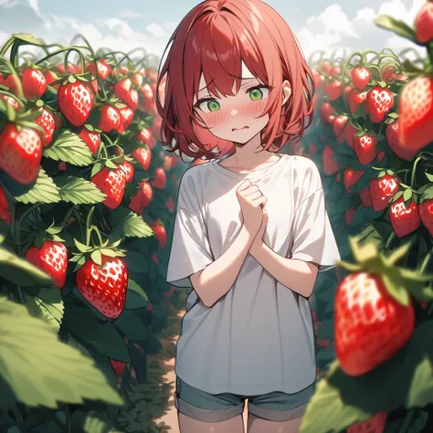 best quality, ultra high res, 1 boy, red hair, green eyes, short and thin body, wearing a white shirt and shorts, ((shy expression)), strawberry field