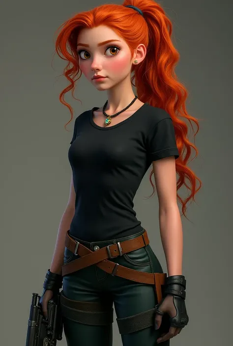 princess merida if she were in the present day, wore black military pants and t-shirt, With a firearm, besides having hair tied in a high ponytail and a reliquary around your neck, make it as if it were a profile picture