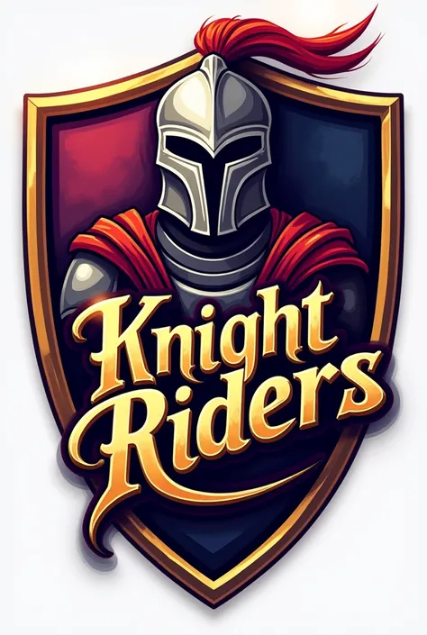 Trinbago Knight Riders writing on logo for cricket purple and gold with an amoured knight head 