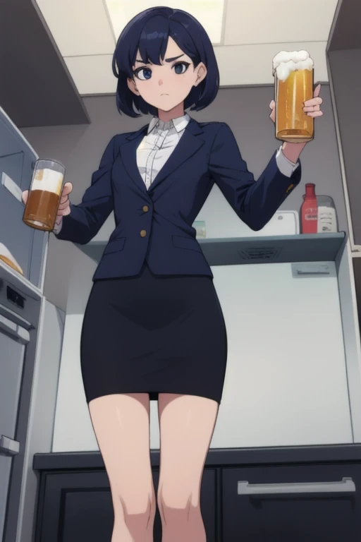 2 career woman in a suit、Hairstyle: Short Hair Permanent、The bottom is a navy blue tight skirt、With a tired look on his face, he takes out a can of beer from the refrigerator at home and drinks it.、