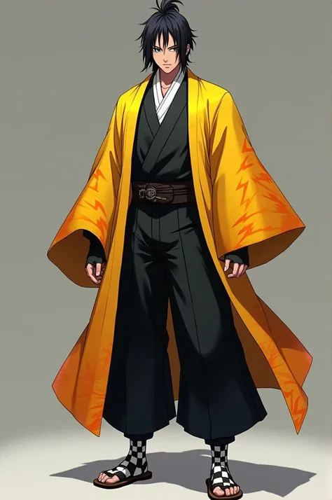 A traditional Demon Slayer Corps uniform, consisting of a black jacket and pants with a white lining.
A yellow haori (a traditional Japanese jacket) with a lightning bolt pattern, which reflects his Thunder Breathing techniques.
A pair of black and white c...