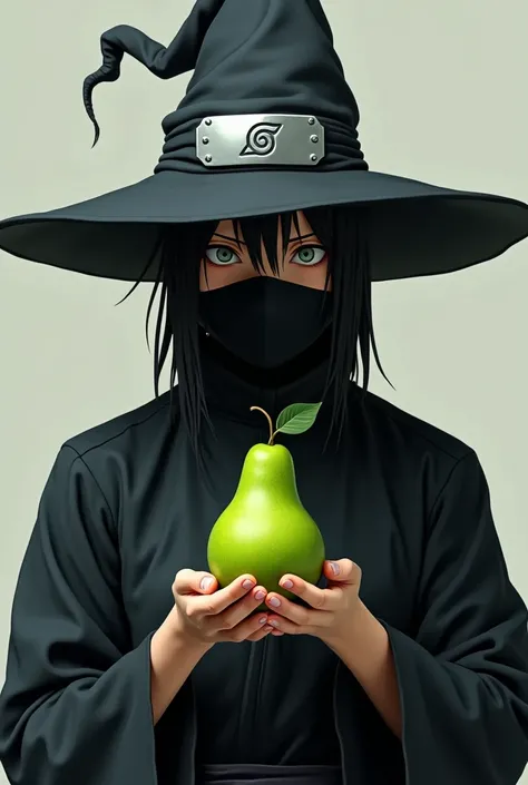  a ninja wearing a headband like the ones the Naruto characters wear, with a witch&#39;s hat on her head holding a green pear
