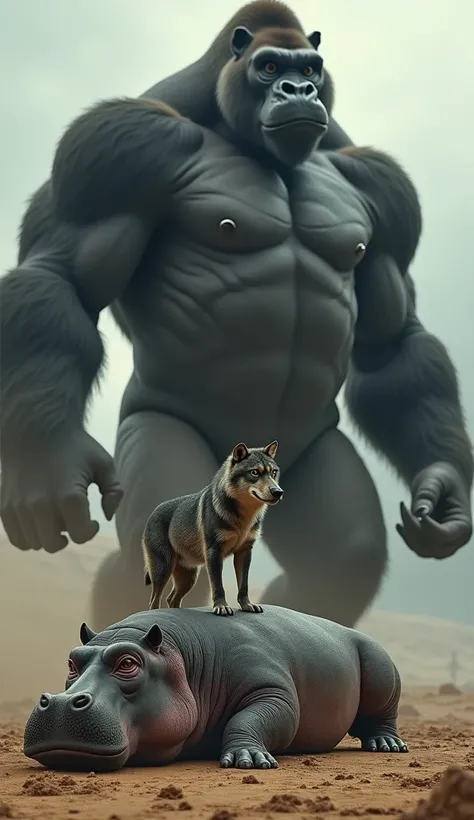 A dead hippo is lying on the ground and an wolf is standing with one foot on top of the hippo. gorilla size bigger then 