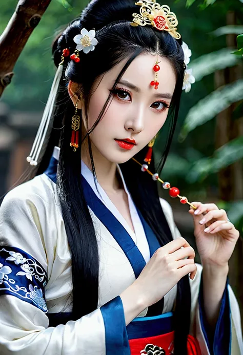 Girl , gorgeous, white skin , sexy hot body , wear thin hanfu , long hair , black hair have jewelry, navy eyes , cute girl , Chinese 