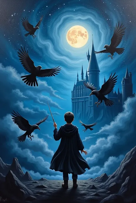 A painting with a starry night, harry potter and black ravens