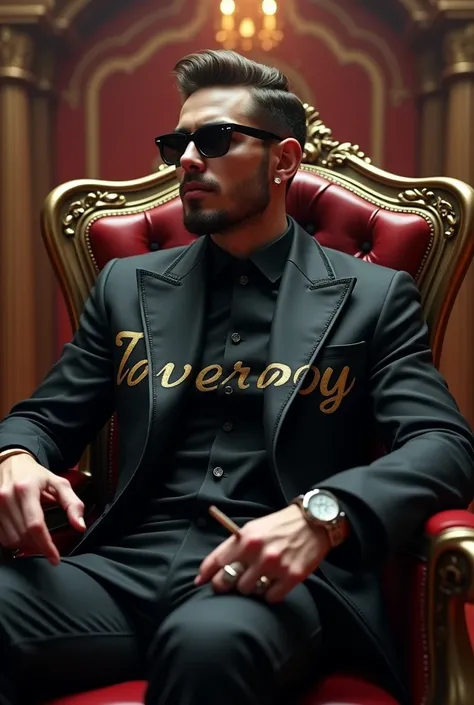 make a image of a men setting and a chair like a king with  and have a words "Loverboy" on her black jacket and have a sun glasses with cigarettes 