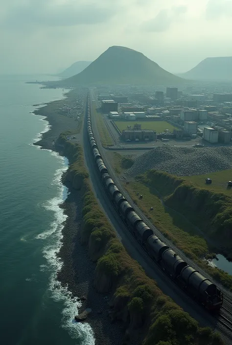 An aerial image where a coal train passes by, a port on the sea and that town has a very large and unpleasant garbage dump.