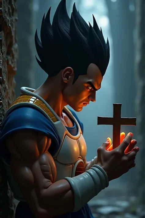 Vegeta holding cross and praying 