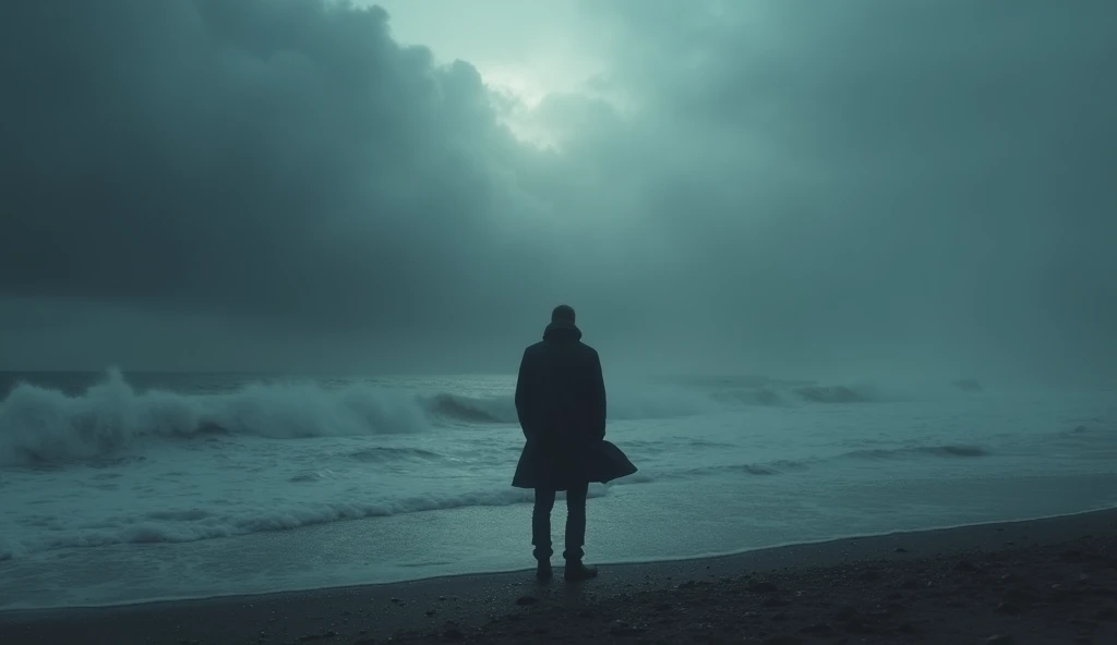 The man is standing alone near the waters edge, his back to the camera. The sky is darker now, with storm clouds gathering on the horizon. The wind ruffles his coat, and in the distance, the waves are rough. There’s an ethereal quality to the wind as if fa...