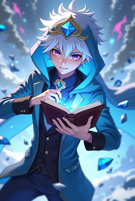 A young man in a hooded suit., handling a book with spells, short, spiky white hair, purple eyes, Crystal tiara. Magical warrior on the attack, ice powers. 4k, high quality. Genshin Impact style anime illustration.