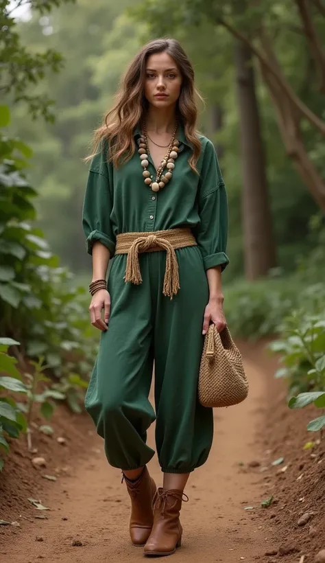 Create an Earth-inspired outfit using natural tones and textures. The model wears a forest green linen jumpsuit with a belt made of woven jute, paired with ankle-high leather boots in earthy brown. Accessories include a statement necklace made of raw stone...