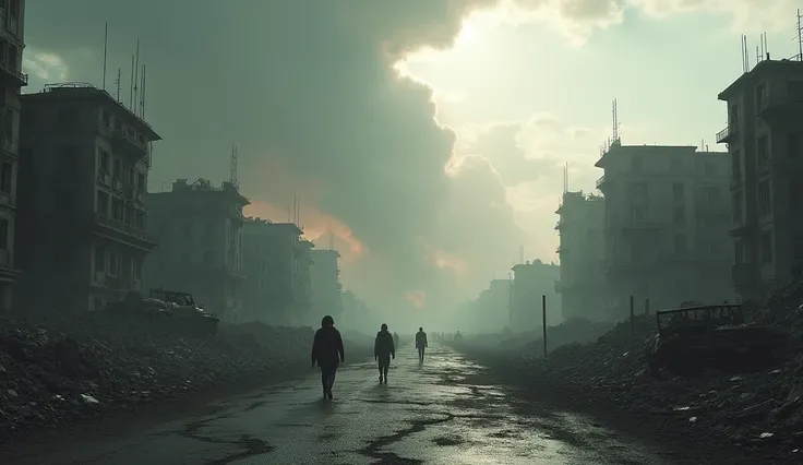 create a post apocalyptic image, city devastated, destroyed, smoke rising to the sky, gray sky with dust and smoke, some people walking far away, cars on the streets destroyed, roads full of potholes, lots of rubble from destroyed houses, realistic image, ...