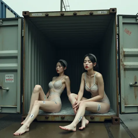 (photorealism:1.2), on the outskirts of a port dock,There is a small metal container with polystyrene inside., Inside there are two beautiful women in lingerie sitting and lying down bending their legs, Their bodies are covered in plastic and have barcode ...