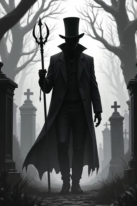 Man in black and white cape walking through cemetery smoking cigar with a trident in hand and a black top hat 