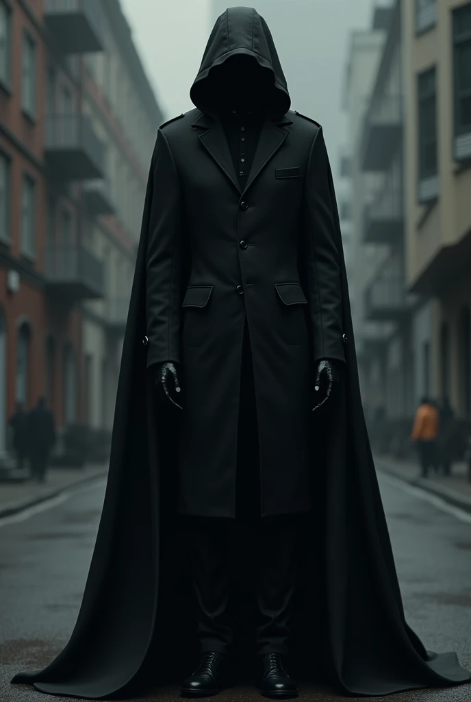 a ((black coat)), style ((cool)), with a ((long cape)), which almost reaches the ((floor)), and a ((hood)), to cover the ((head)),