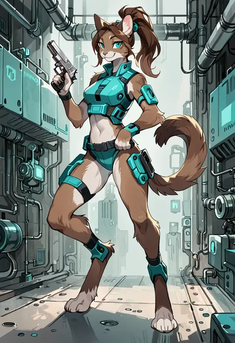 (solo), female anthro cat, ponytail brown hair, (brown fur)), inventor modern gear, holding pistol, handsome, turquoise eyes, by windwttom, smiling, cool, digitigrade, industrial, majestic, 