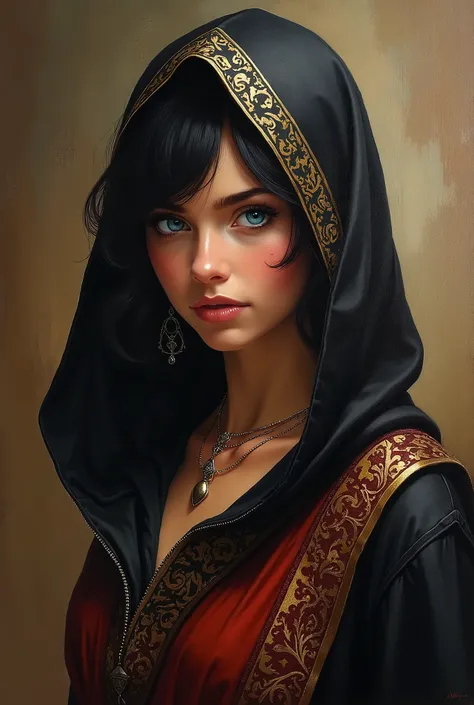 (realistic oil painting, Image up to the waist, a 20-year-old princess, Arabian, blue eyes, Vibrant appearance, jet black, short hair), Ezio Auditore Tunic, Hooded, black, brown, red detail, Decorations, Freckles 1% of the zygomatic bones, Perfect Face, Cr...