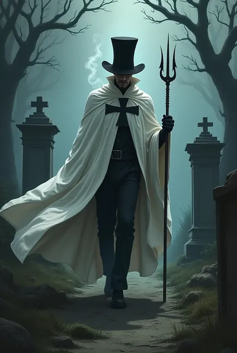 Man in a white cape with a black cross walking through the cemetery smoking a cigar with a trident in his hand and a black top hat turned upside down