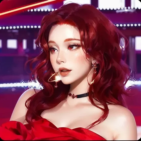 a close up of a woman with red hair wearing a red dress, with curly red hair, red crimson crimson hair, sun yunjoo, red crimson hair, crimson hair, red curled hair, red velvet, red wig, glowing crimson head, red dyed hair, red glowing hair, crimson red hai...