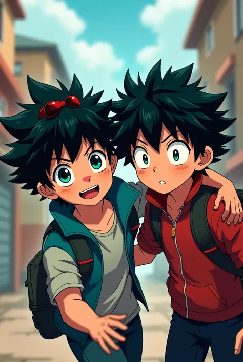 Cute 2 boy, black hair with reddish streaks, brown skin, slanted turquoise eyes, high, in the style of My Hero Academia 