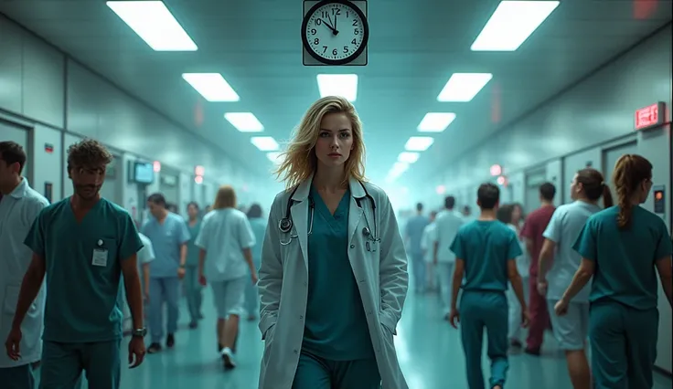 A hyper-realistic emergency room during a crisis. A blonde doctor stands at a crossroads of bustling corridors, visibly torn between multiple urgent cases. Harsh fluorescent lights illuminate the chaos of rushing staff and distressed patients. A board disp...